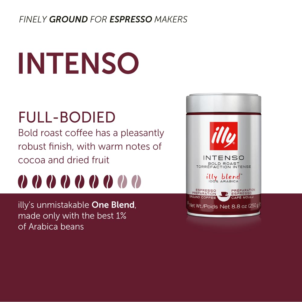 illy Ground Coffee Espresso - 100% Arabica Coffee Ground – Intenso Dark Roast – Warm Notes of Cocoa & Dried Fruit - Rich Aromatic Profile - Precise Roast - No Preservatives – 4.4 Ounce