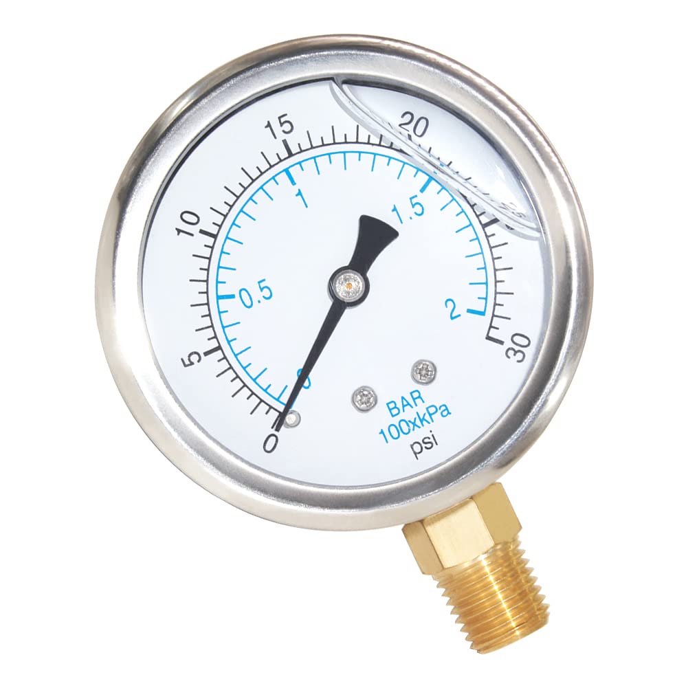 2-1/2" Dial 1/4" NPT 0~30Psi 304 Stainless Steel Glycerin Filled Pressure Gauge Bottom Mount