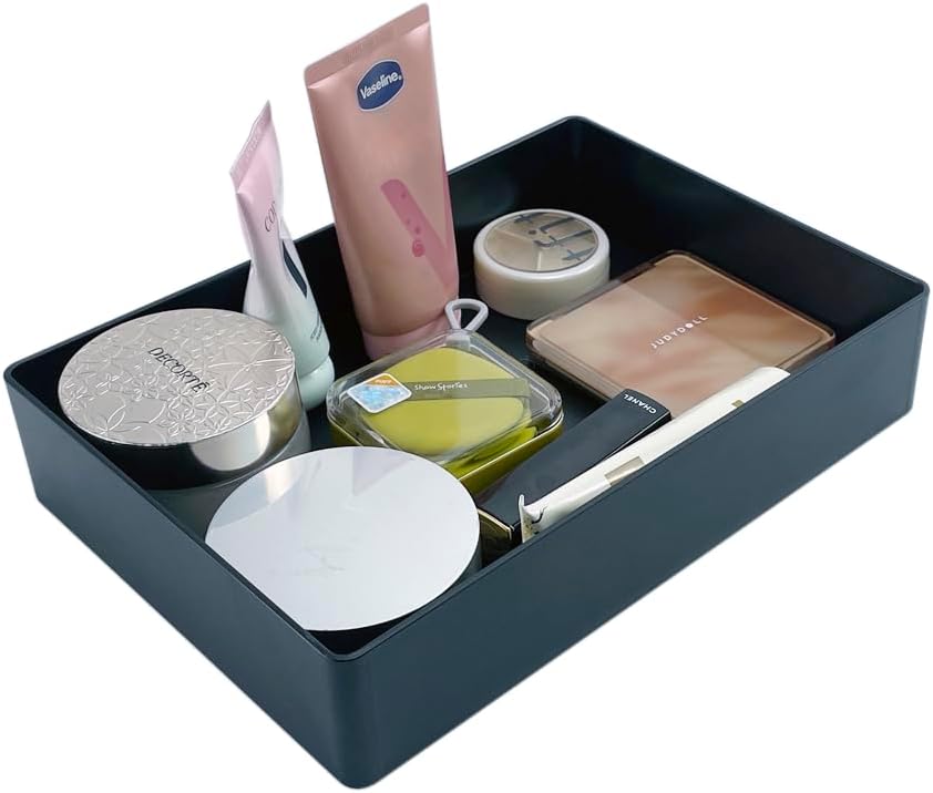 Amazon Basics Rectangular Plastic Desk Organizer with Storage Trays, Accessory Tray, 9.4 x 6.7 x 2 inch, Black, 1 Pack