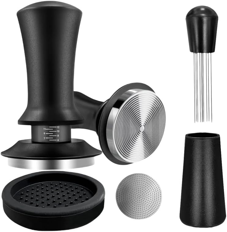 Gmnuiy51mm Coffee Espresso Tamper ，with Stainless Steel Base Tamper ，Silicone Tamper Mat,Black Espresso Distribution Tool， Coffee puck screen