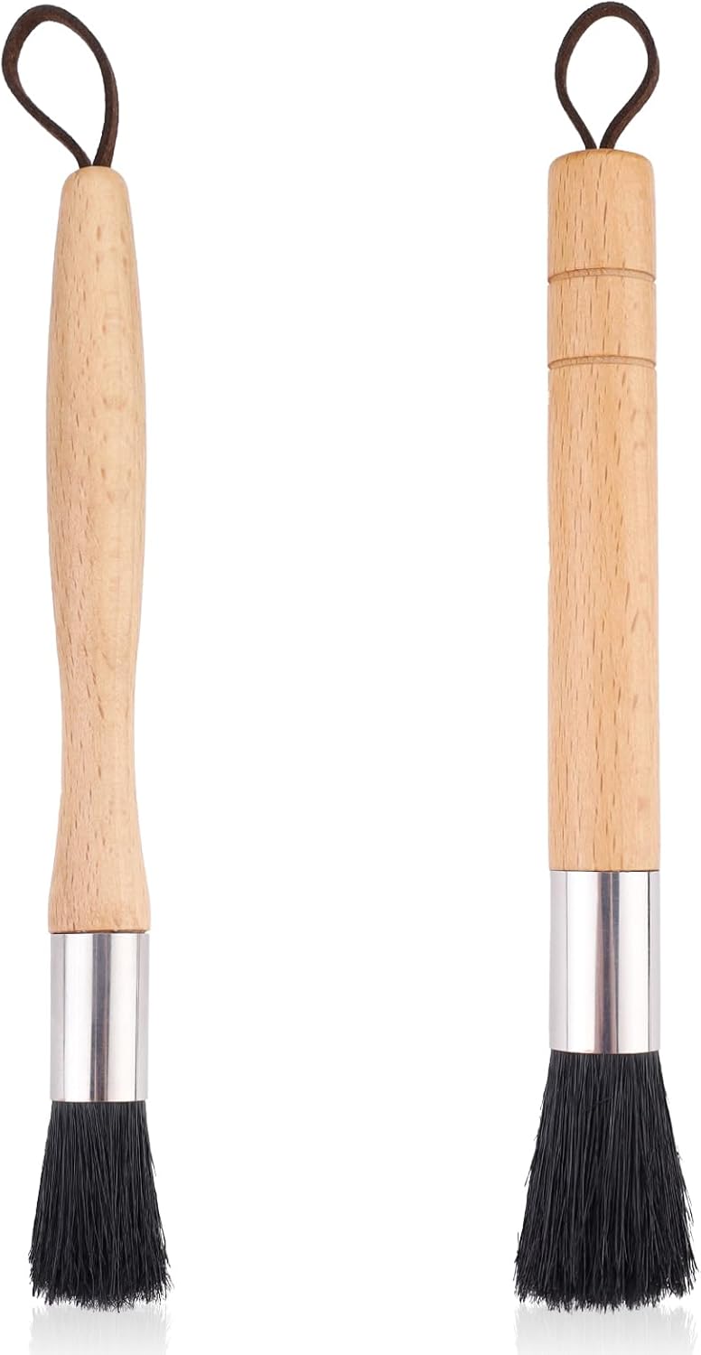 Huakaile 2 Pieces Beige Coffee Grinder Cleaning Brush with Black Bristle, Wood Handle Espresso Machine Cleaning Brush Tool, Barista Accessories Used on Group Heads Kitchen