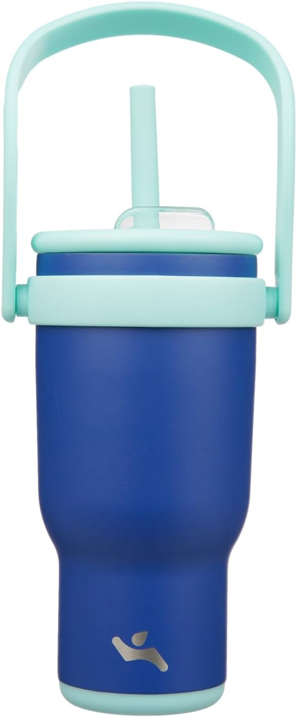 30 oz Tumbler with Side Handle, Insulated Water Bottle with Straw and 2 in 1 Lid, Stainless Steel Cup Travel Coffee Mug for Sports Office Gym,Dark Blue