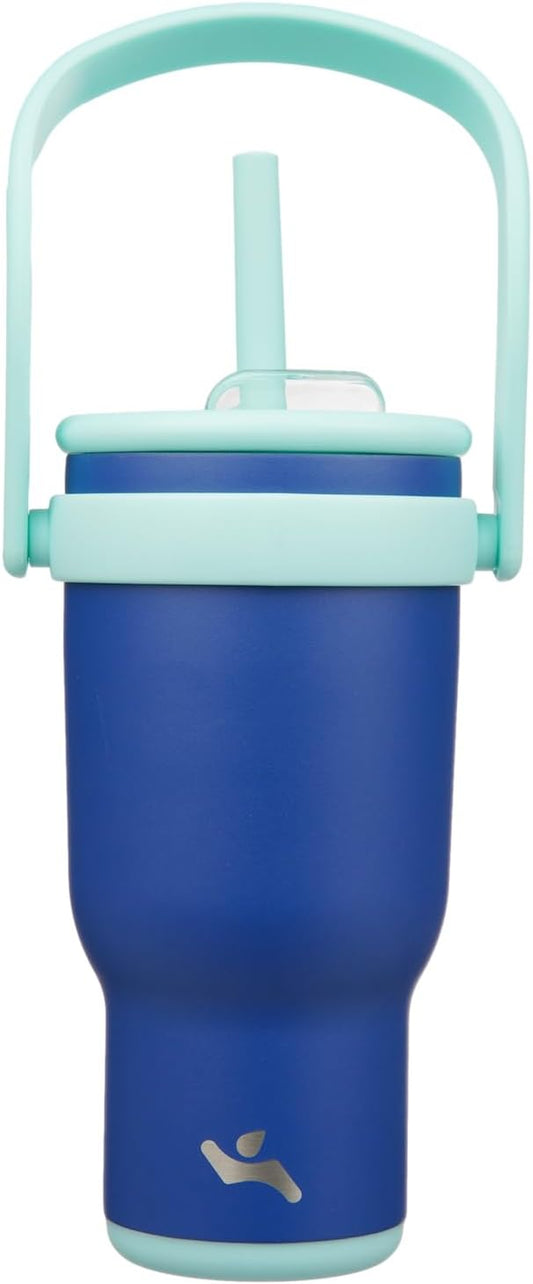 30 oz Tumbler with Side Handle, Insulated Water Bottle with Straw and 2 in 1 Lid, Stainless Steel Cup Travel Coffee Mug for Sports Office Gym,Dark Blue