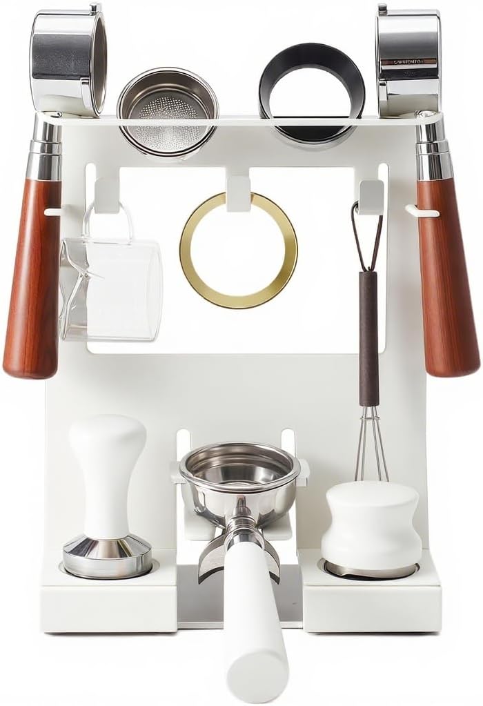 GIB Espresso Accessories Organizer Rack Tamper Holder Station, Heavy Duty Steel Stand for Coffee Distributor 51-54mm Portafilter Storage for Bar Home Office, White