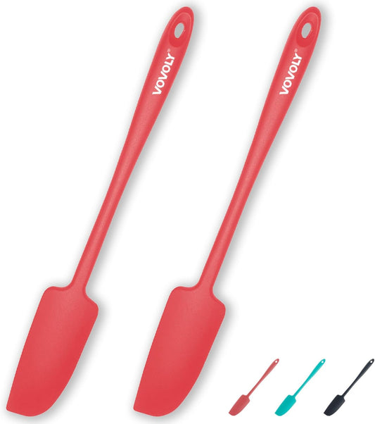 2-Pack Vovoly Silicone Jar Spatulas, Small Seamless Design Rubber Scraper with Stainless Steel Core, Heat Resistant and Non-Stick Mini Spatula for Jars and Blenders, BPA Free,11 IN, Red