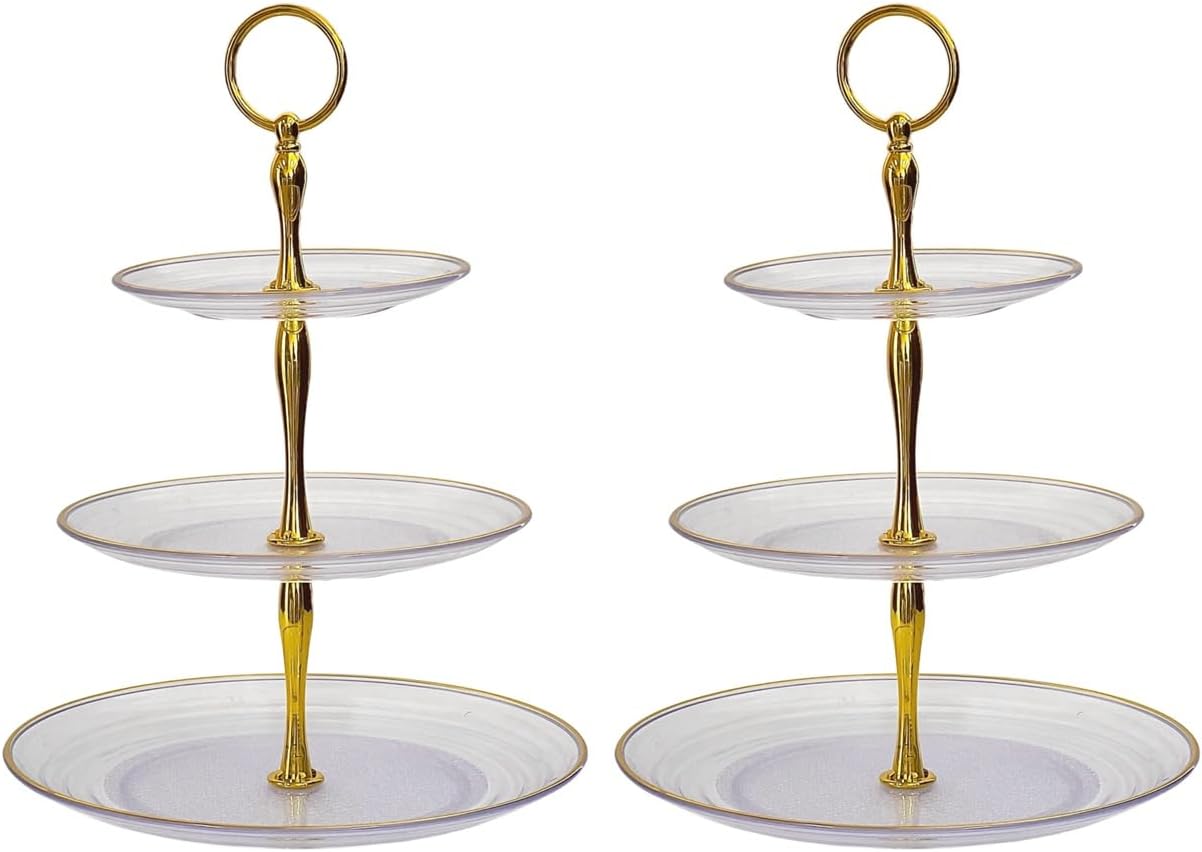2 Pack of Dessert Cupcake Stand with Gold Trim, 3 Tier Cup Cake Holder Tower for Tea Party, Birthday, Wedding, Plastic Tiered Serving Tray, Clear