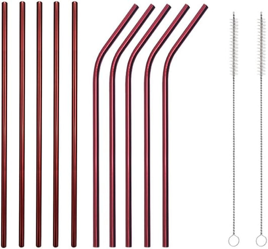 10 Pcs Stainless Steel Straws, Reusable Drinking Straws, 5 Straight + 5 Bent Metal Straws Set With 2 Pcs Cleaning Brushes (Red, 10.5 Inch)