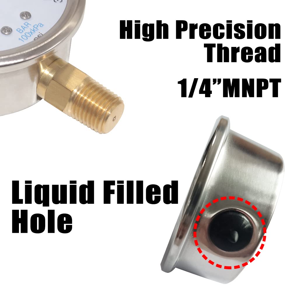 2-1/2" Dial 1/4" NPT 0~100Psi 304 Stainless Steel Glycerin Filled Pressure Gauge Bottom Mount
