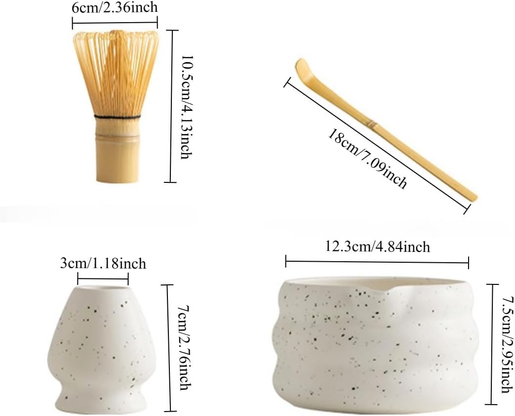 7-piece matcha kit includes matcha bowl. white speckled matcha tea set with bamboo whisk -, sifter, scoop, stainless steel filter, tea caddy, cloth & gift box - for matcha green (4)