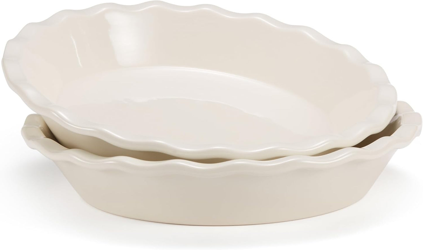 KooK Pie Pan, Ceramic Reusable Round Pie Dish, Quiche Baking Dish, Deep, Wave Edge, For Cakes, Tart, Casseroles, Tarts, Microwave, Oven and Dishwasher Safe, 9-Inch, 36 oz, Set of 2, Ivory
