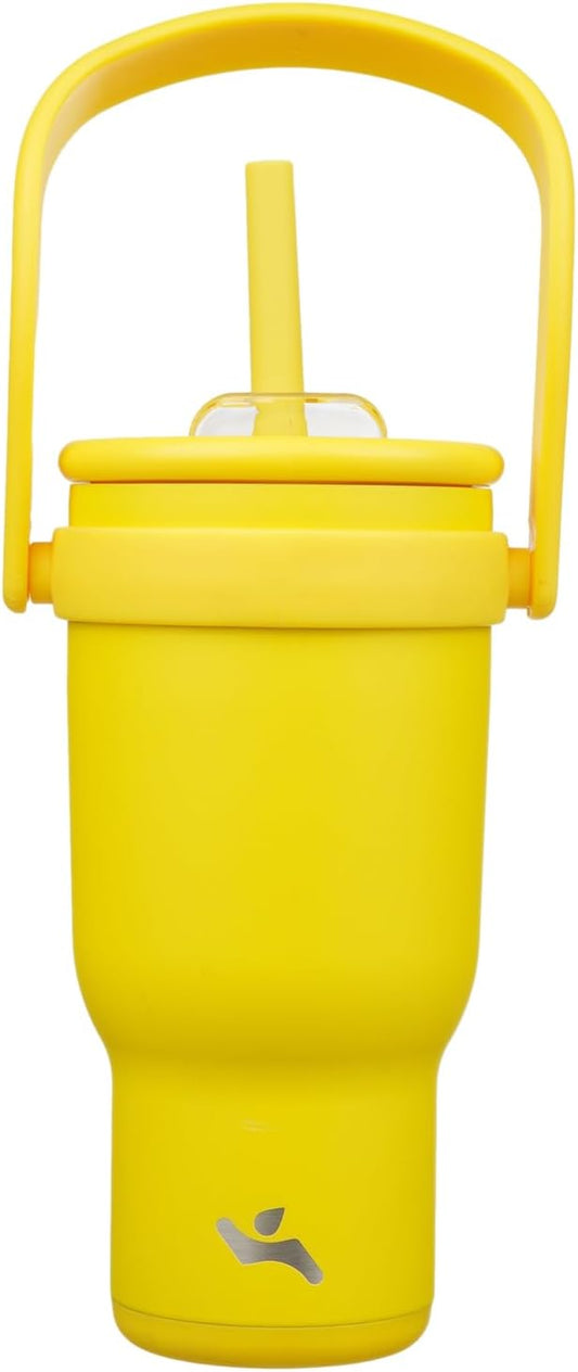 30 oz Tumbler with Side Handle, Insulated Water Bottle with Straw and 2 in 1 Lid, Stainless Steel Cup Travel Coffee Mug for Sports Office Gym,Yellow