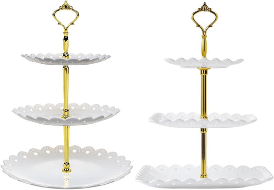 2 Pack of Large Plastic Dessert Stands, 3 Tier Cupcake Stand, 3 Tiered Serving Display Stand Reusable Pastry Dessert Tower Tray/Platter for Tea Party, Baby Shower and Wedding (White)