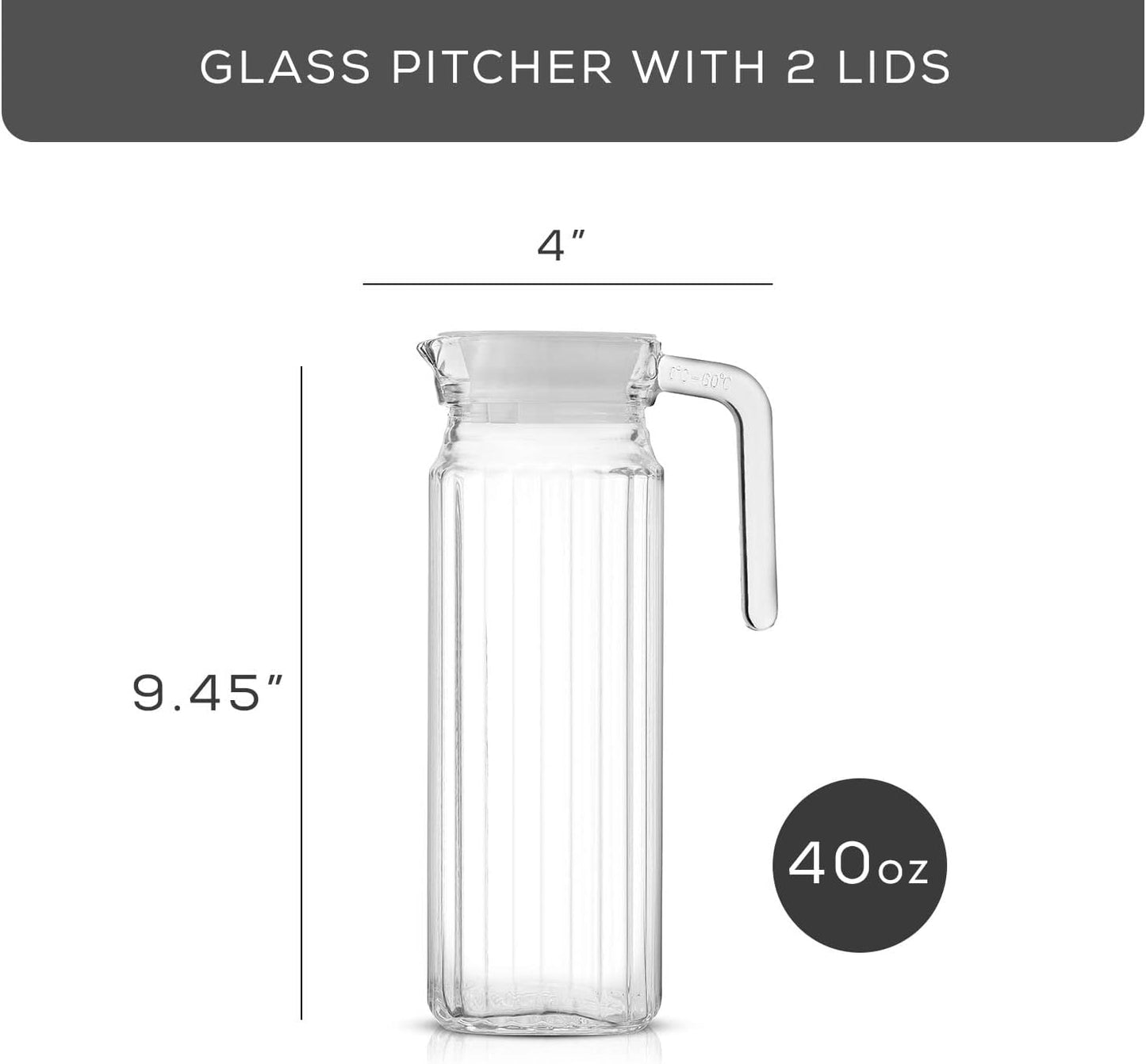 40oz Glass Pitcher with Lid (2 Lids) - Beverage Serveware, Storage Container and Carafe for Cold Drinks and Liquids. Glass Water Pitcher also for Juice, Bedside Carafe, Sun Tea Jar