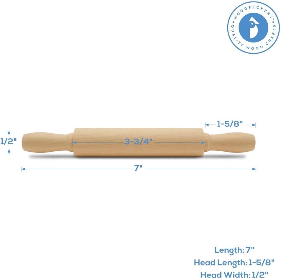 Wooden Mini Rolling Pin, 7 Inches Long, Pack of 50, Perfect for Fondant, Pasta, Baking in the Kitchen, Play-doh, Crafting and Imaginative Play, by Woodpeckers