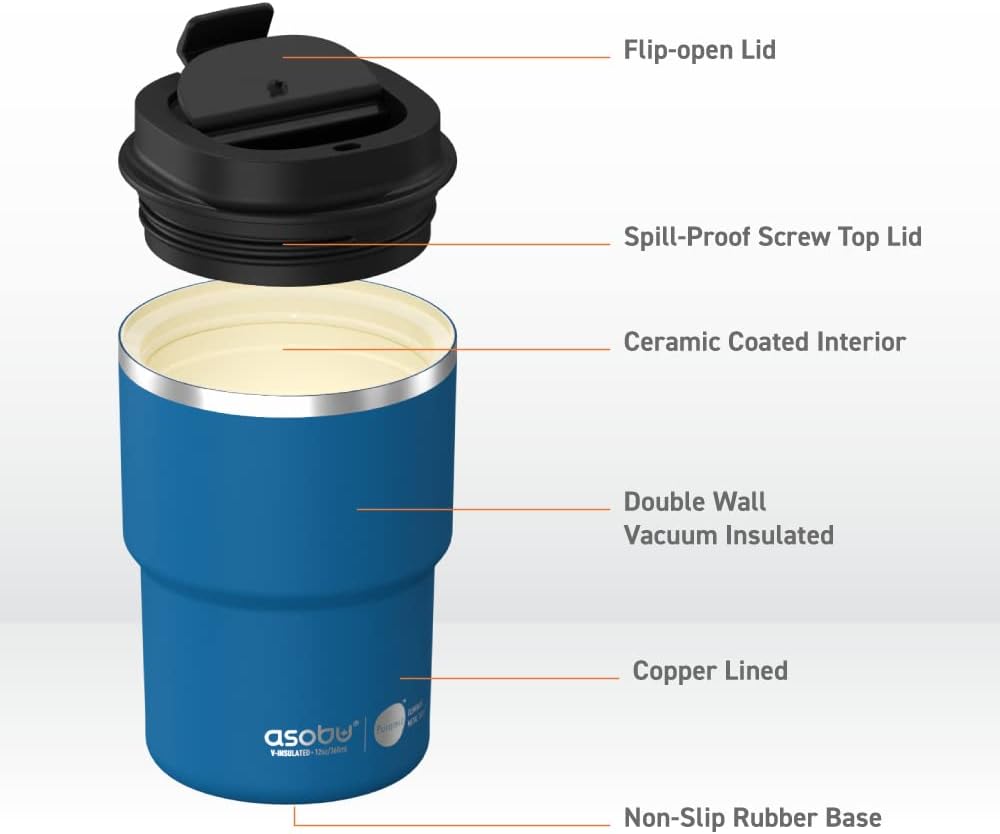 asobu Travel Mug Ceramic Coated Stainless Steel Insulated with Leak and Spill Proof Lid – Fits Standard Cup Holders 12 oz Tumbler (Blue)