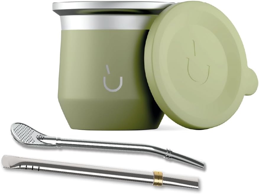 BALIBETOV Yerba Mate Cup – Vacuum Insulated Stainless Steel Gourd with Silicone Cover & Non-Slip Base – Includes 2 Bombillas & Cleaning Brush – Unique Design, Easy to Clean