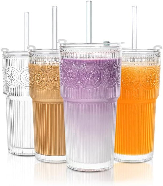 20oz Ribbed & Floral Glass Tumbler Set of 4 – Reusable Glass Cups with Lid and Glass Straw, To-Go Iced Coffee Cups for Water, Smoothie, Milk, Cocktail & More – Perfect for Daily Use & Travel