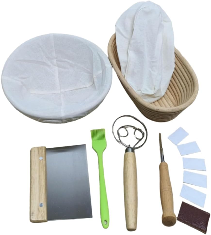 Sourdough Kit – Bread Making Kit with 9" Round & 10" Oval Banneton Bread Proofing Baskets, Dough Whisk, Scoring Tool, Metal Scraper, Silicone Brush, Liners – Sourdough Bread Baking Supplies Set