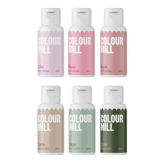 Colour Mill Botanical-Pack Oil-Based Food Coloring, 20 Milliliters Each of 6 Colors: Dusk, Latte, Lilac, Olive, Rose & Sage, 120 grams