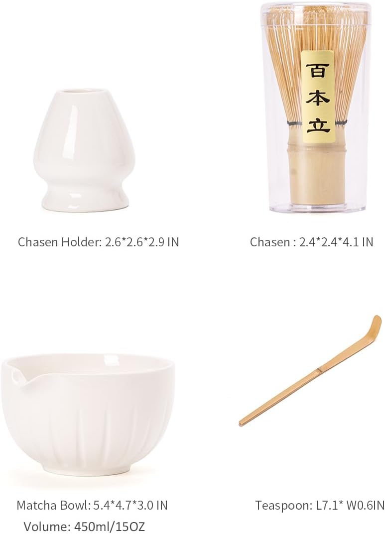 TANG PIN Matcha Set - Match Bowl and Whisk,15 OZ, Matcha Scoop | Matcha Whisk Stand (Chasen Holder) - 4pc Perfect Matcha Kit for Matcha Tea Ceremony (White)