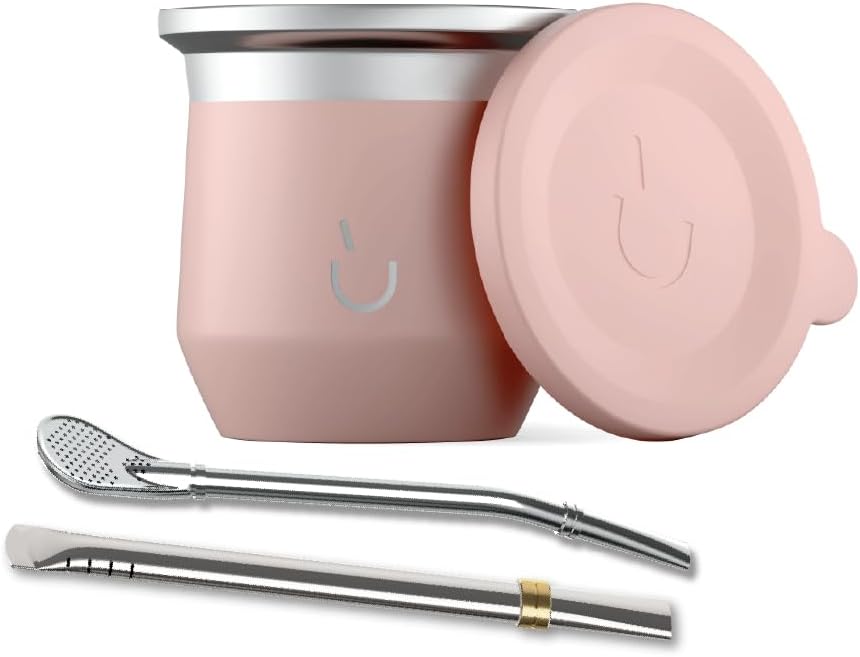 BALIBETOV Yerba Mate Cup – Vacuum Insulated Stainless Steel Gourd with Silicone Cover & Non-Slip Base – Includes 2 Bombillas & Cleaning Brush – Unique Design, Easy to Clean