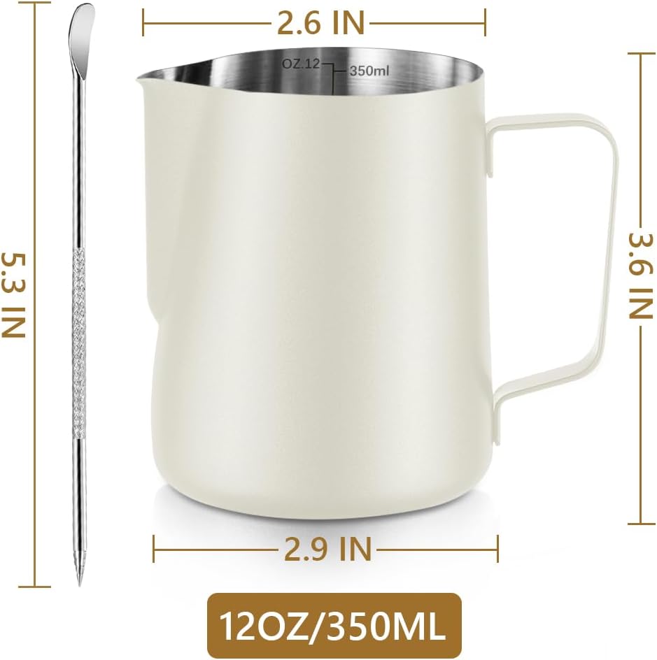 Frothing Milk Pitcher, 12 oz/350 ml Stainless Steel Frothing Milk Jug with Latte Art Pen,with Internal Measurements, for Cappuccino, Espresso and More（white）