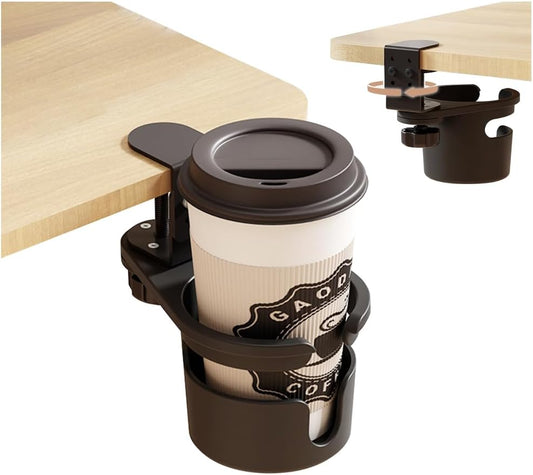 Desk Cup Holder 360° Rotating Under Table, Anti-Spill Cup Holder with Adjustable Clip, Hidden Water Bottle Stand Coffee Mug Storage for Home Office and School (Black)