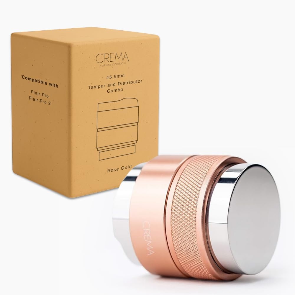 Crema Coffee Products 45.5mm Hand Tamper & Coffee Distributor V2 | Compatible with Flair Pro and Pro 2 Portafilter | Double-Sided, Adjustable Depth Tool|Made with Durable 304 Stainless Steel|Rose Gold