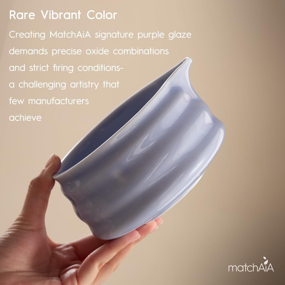 Matcha Whisk Set 8 Pcs - Ceramic Bowl, Bamboo Whisk with Holder, Canister, Sifter, Schima Spoon, Spoon Rest and Tea Towel, Complete Kit for Traditional Matcha and Modern Lattes (Purple)