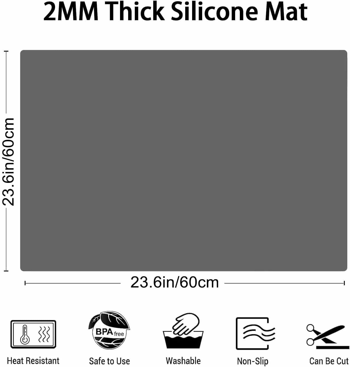 2MM Thick Silicone Countertop Mat, 23.6"x 23.6" Silicone Mats for Kitchen Counter, Nonslip Heat Resistant Mat, Large Kitchen Counter Mats, Waterproof Countertop Protector, Dark Gray