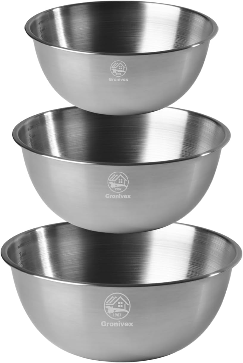 3-Piece Stainless Steel Mixing Bowls Set (6.69" 7.48" 8.27" inch) - Food Grade 304 with Measurement Marks, Dishwasher Safe & Stackable - Perfect for Baking, Salad Making, Meal Prep and Kitchen Use
