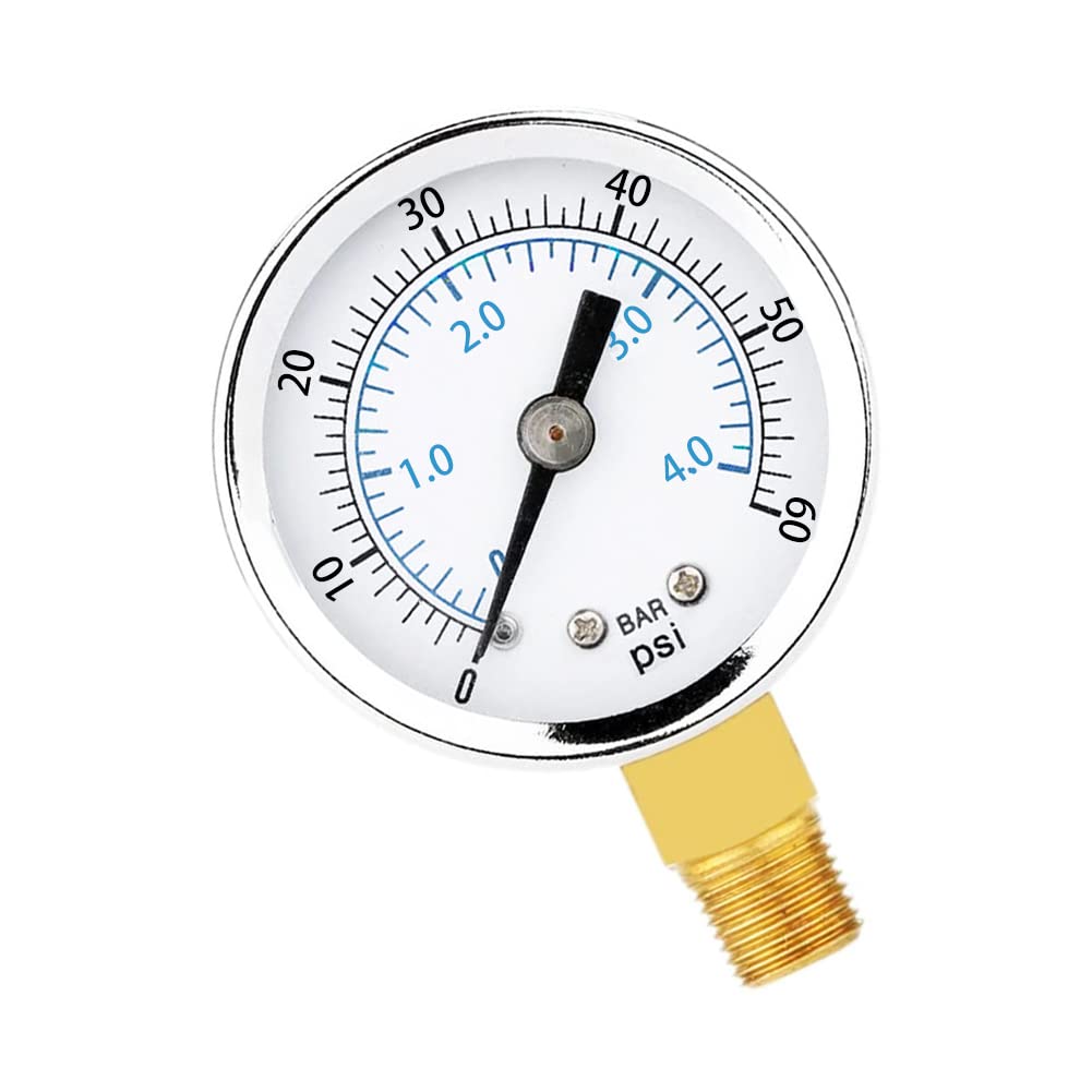 1/4" NPT Pressure Gauge 60Psi Steel Economical All Purpose with Brass Internals 2" Dial Display Bottom Mount