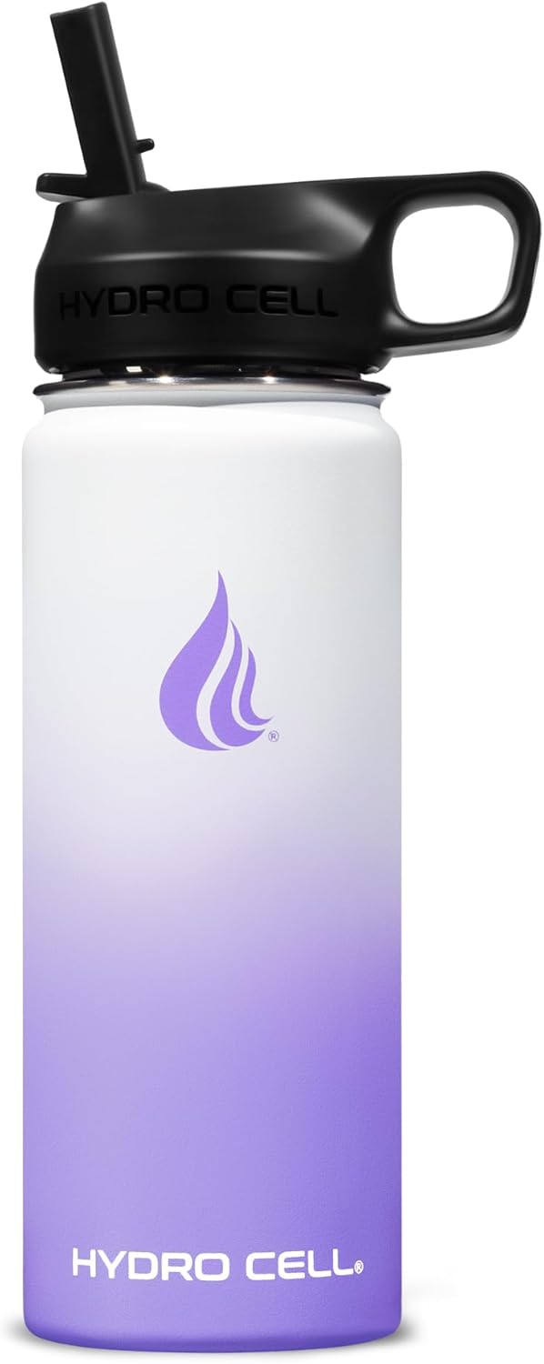 HYDRO CELL Stainless Steel Insulated Water Bottle with Straw - For Cold & Hot Drinks - Metal Vacuum Flask with Screw Cap and Modern Leakproof Sport Thermos for Adults (Lavender/White 18oz)