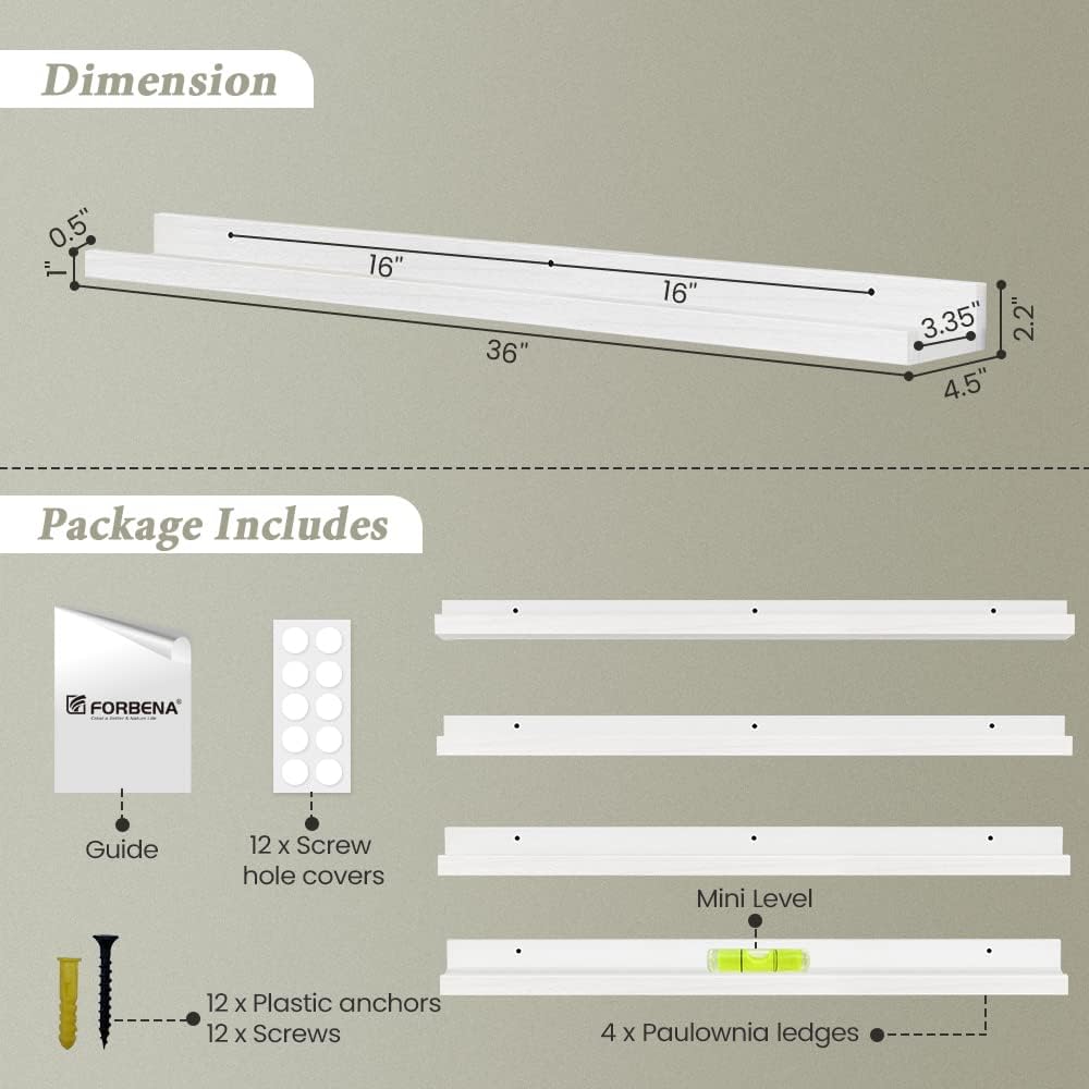 Forbena 36 Inch Floating Shelves for Wall 4-Pack, Large Nursery Book Shelves Bookshelf for Kids Bedroom, Long Picture Ledge Shelf with Lip for Living Room Photo Frames Art Display (White Solid Wood)