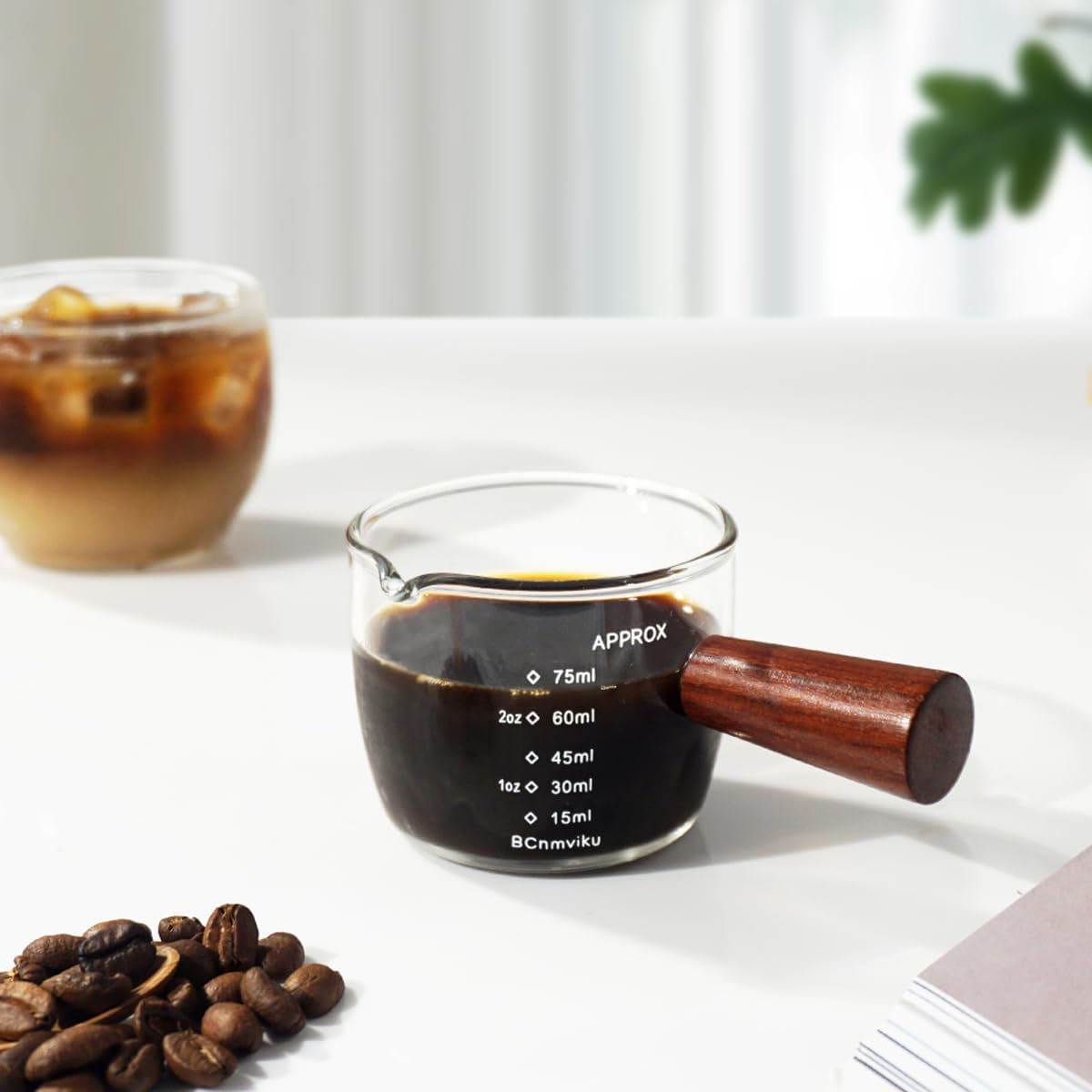 1 Pack Espresso Shot Glass 75ML Triple Pitcher Barista Single Spouts With Wood Handle By BCnmviku