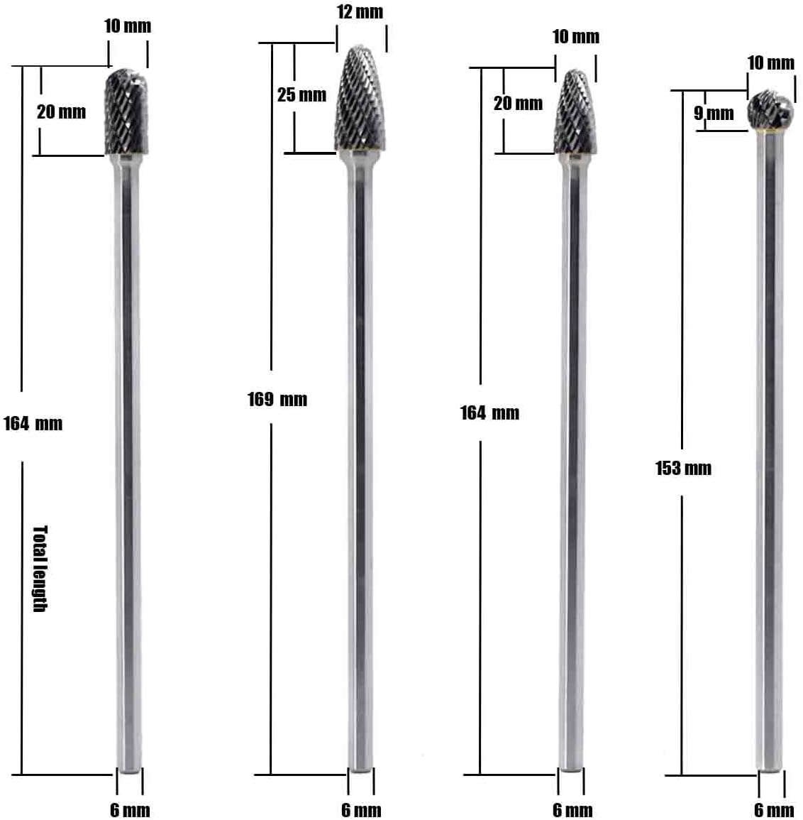 4pcs 6mm Shank Die Grinder Burr Set Rotary File Set Fits Rotary Tool 6-Inch Long Shank Tungsten Carbide Burr Set for Woodworking Drilling Carving Engraving