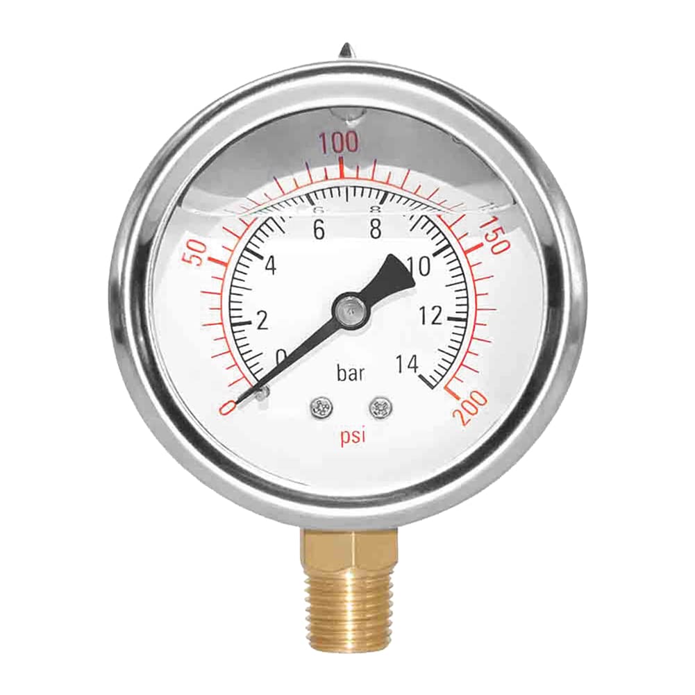 2-1/2" Dial 1/4" NPT 0~200Psi 304 Stainless Steel Glycerin Filled Pressure Gauge Bottom Mount