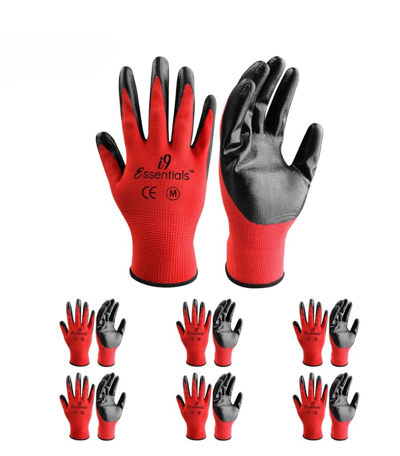 I9 Essentials 6 Pairs - Medium PU-Coated Seamless Work Gloves Lightweight Safety Gloves with Grip - Gardening, Construction, Woodworking