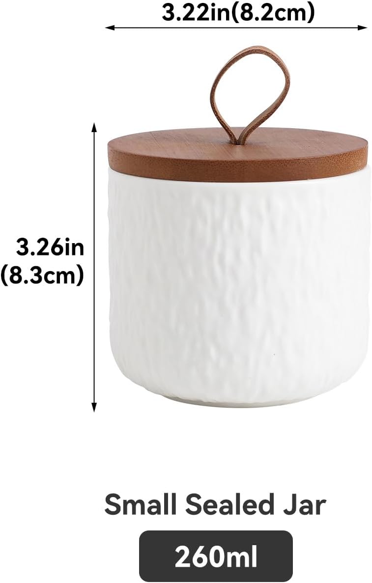 Black White Ceramic Coffee Canister Tea Canister with Seal Wood Lid, Airtight Coffee Storage Container for Coffee Bean, Ground Coffee, Sugar, Cookie Candy jar (White, 260ml)