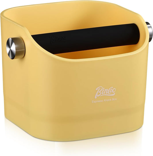 Espresso Knock Box - Bincoo Espresso Machine Knock Box/Espresso Grounds Knock Box, Barista Style Coffee Knock Box for Grounds with Removable Shock-Absorbent Knock Bar and Anti-Slip Base. (yellow)