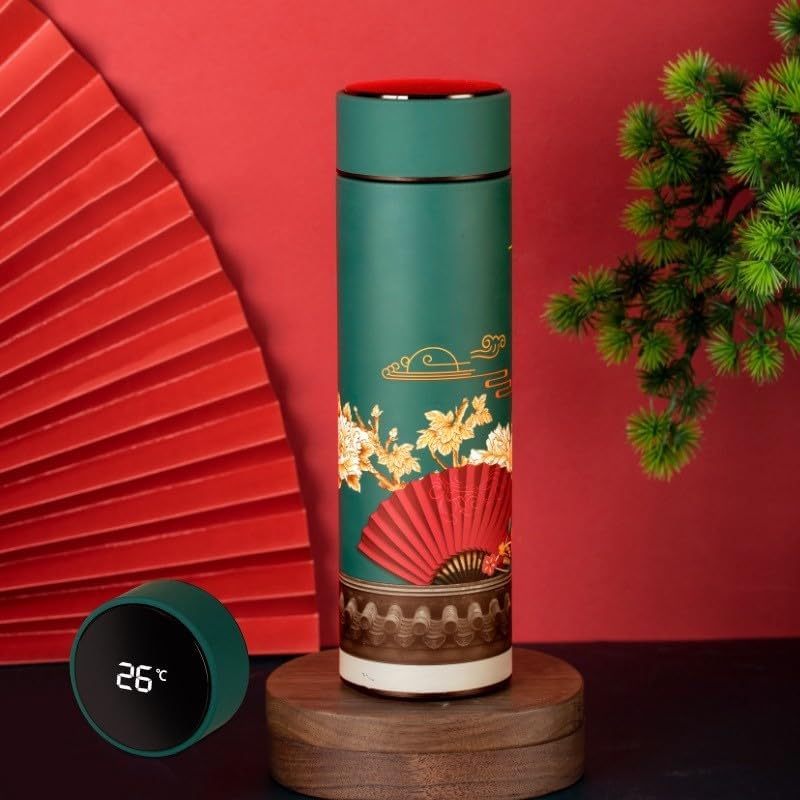 Insulated Coffee Tea Travel Thermos Mug Water Bottle with Removable Strainer and Temperature Featuring Elegant Asian Art Design - 16.9 fl oz (Teal)