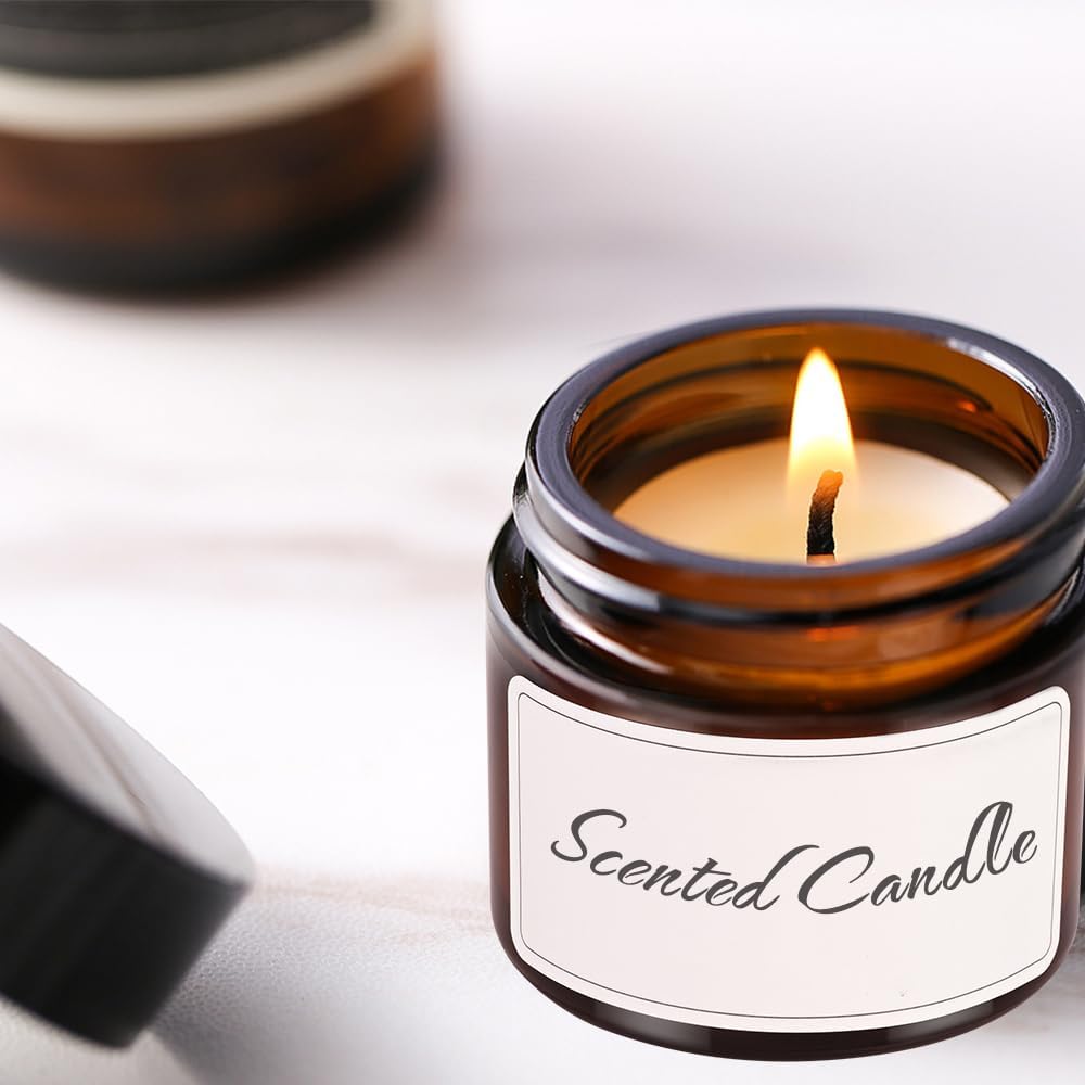 2 oz Small Glass Jars with Lids, Bumobum 48 pack Round Amber Glass Candle Jars with Black Lids, White Labels & Inner Liners, Empty Cosmetic Containers for Cream, Lotion, Slime