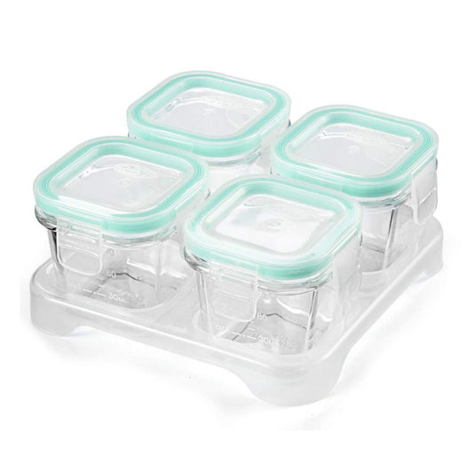 Matyz 4-Pack Glass Baby Food Containers with Airtight Lids and Stackable Tray (Mint Green, 3 OZ Each) - Glass Food Containers Freezer Safe for Baby Toddler - Stackable Baby Food Containers Glass