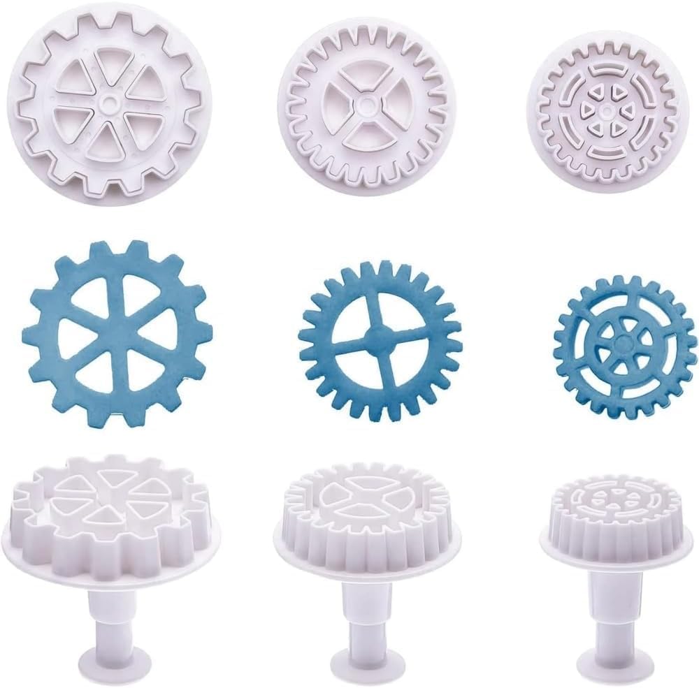 3Pcs White Gear Cookie Cutters, Steampunk Cogs Plunger Mold, 3D Gear Cookie Stamp Mold, Clock Wheel Biscuits Fondant Molds for Cake Cookie food Decoration Cookie Cutters Baking Tools
