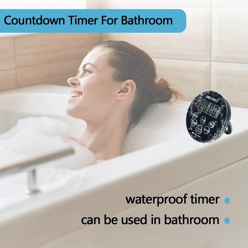 Digital Waterproof Shower Clock Timer, Bathroom Kitchen Countdown Cooking Timer with Alarm, Magnetic Back, Stand Dark Black