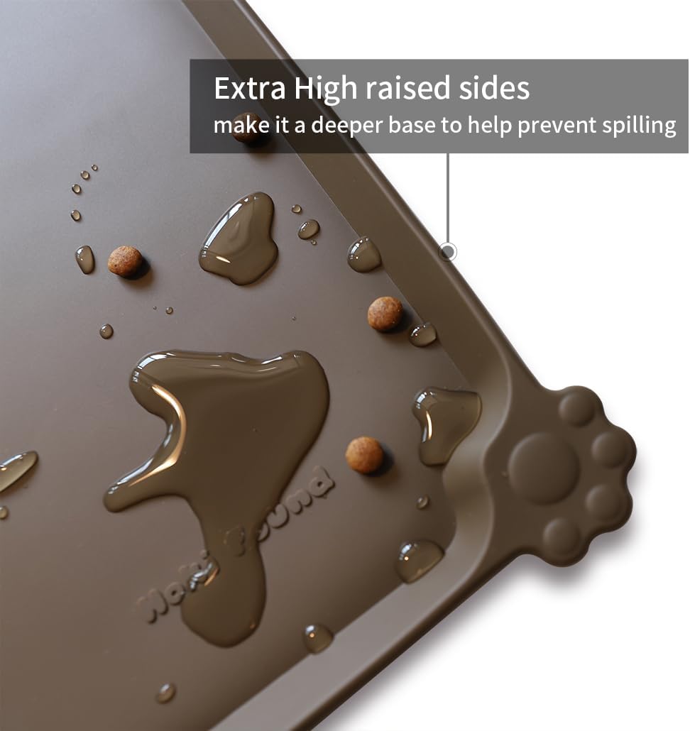 Hoki Found X-Large Silicone Pet Food Mat Tray - Non-Slip Dog and Cat Bowl Placemat - Waterproof Feeding Mat for Carpet - Coffee