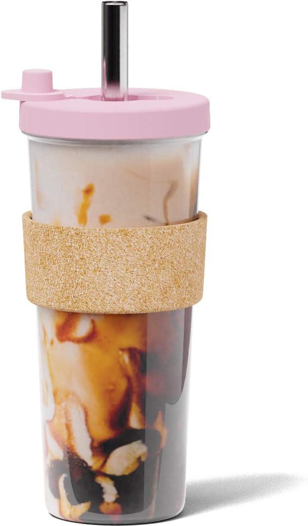 Dodoko Reusable Boba Cup with Straw - Iced Coffee & Smoothie Tumbler 24 oz - Bubble Pink