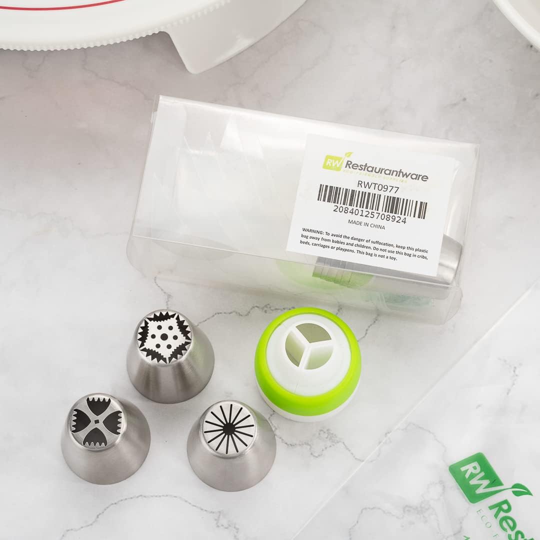 Restaurantware Pastry Tek Russian Piping Tips Set 20 Piece Durable Cake Decorating Kit - 9 Piping Tips 10 Piping Bags Stainless Steel Piping Bags And Tips Set 1 Tri-Color Coupler