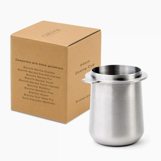 Crema Coffee Products | 54mm Dosing Cup | Brushed Silver | 100% Stainless Steel | Espresso Coffee Dosing Cup | Fits 54mm Breville Portafilters