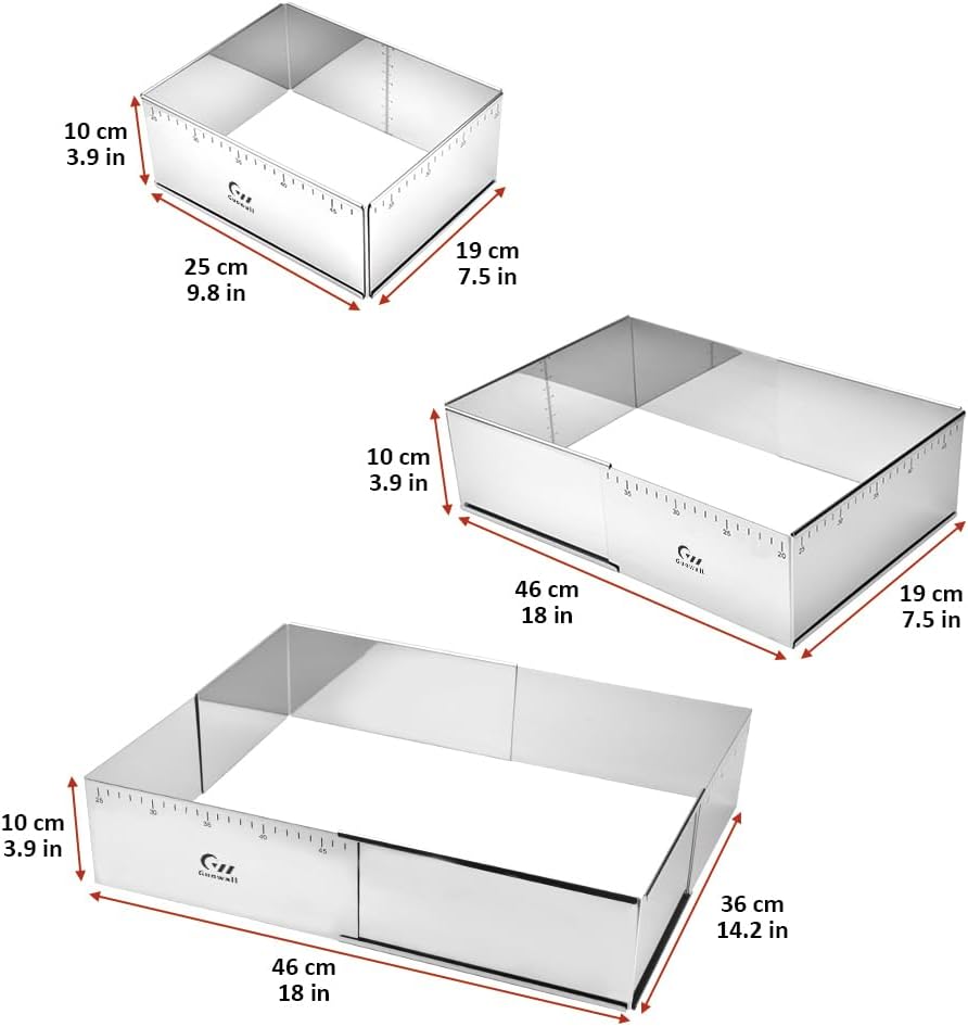 Guowall Extensible Rectangular Cake Mould Stainless Steel Pastry Ring Mold for Tiramisu Rectangle Adjustable Baking Frame Big Size for Multiple Size - 10 x 7 inch